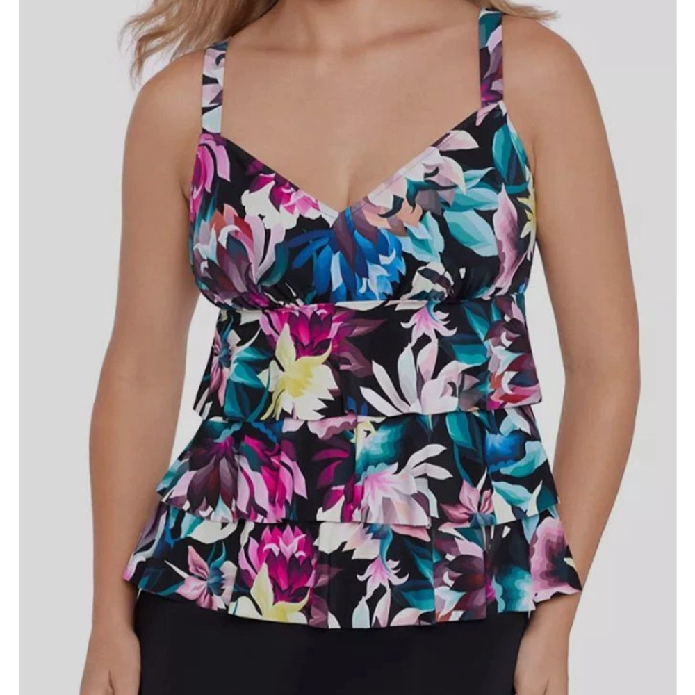 Swim Solutions Women's Black Printed Triple Tier Tankini Swimwear Size 8 15123